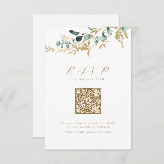Eucalyptus goud groen boho QR code bruiloft RSVP Kaartje (Voorkant / Achterkant)