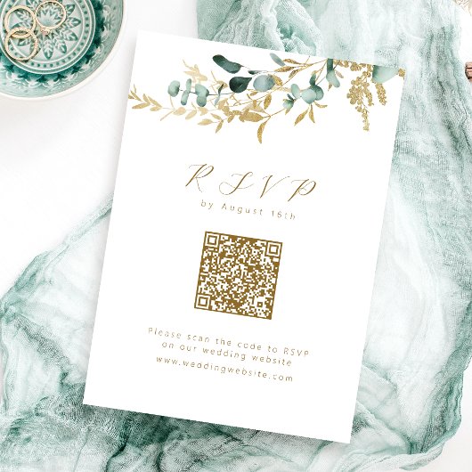 Eucalyptus goud groen boho QR code bruiloft RSVP Kaartje