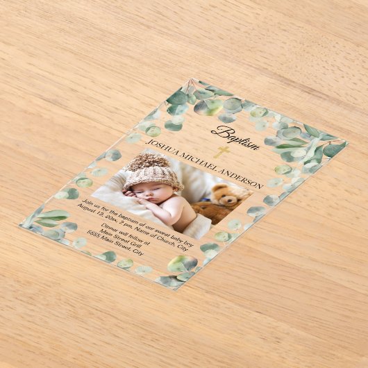 Eucalyptus Goud Kruis Religieus Doopsel Foto Acryl Uitnodigingen (Laagn)