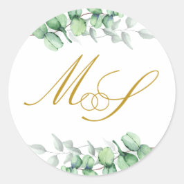 Eucalyptus Goud Monogram Bruiloft Ronde Sticker