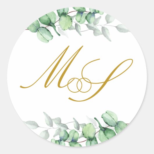 Eucalyptus Goud Monogram Bruiloft Ronde Sticker (Voorkant)