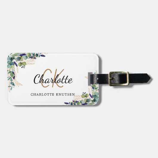 Eucalyptus goud monogram naam bagagelabel (Voorkant horizontaal)