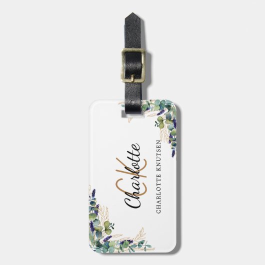 Eucalyptus goud monogram naam bagagelabel (Voorkant verticaal)