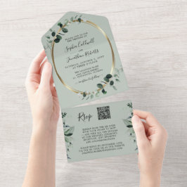 Eucalyptus Goud QR Code RSVP Salie Bruiloft All In One Uitnodiging