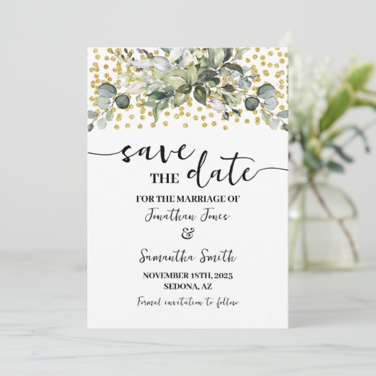 Eucalyptus Goud Save the Date Bruiloft (Staand voorkant)