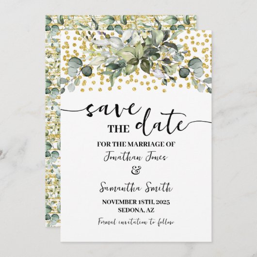 Eucalyptus Goud Save the Date Bruiloft (Voorkant / Achterkant)