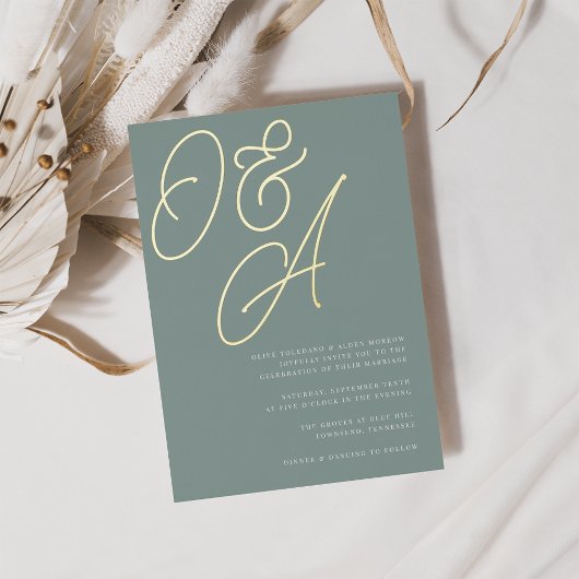 Eucalyptus | Goud Script-monogram huwelijk Folie Uitnodiging