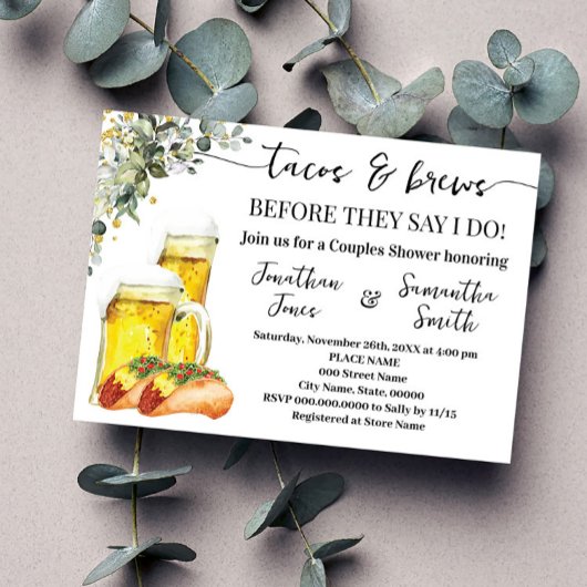 Eucalyptus Goud Tacos & Brews Koppels Bruids Showe Kaart