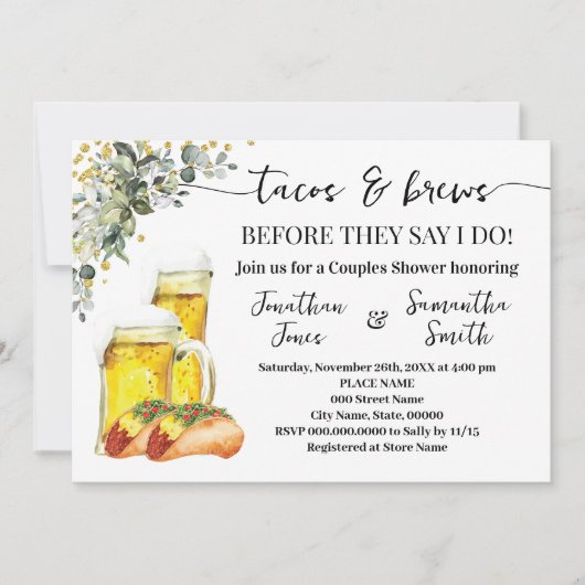 Eucalyptus Goud Tacos & Brews Koppels Bruids Showe Kaart (Voorkant)