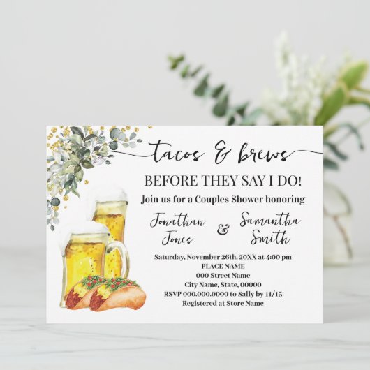 Eucalyptus Goud Tacos & Brews Koppels Bruids Showe Kaart (Staand voorkant)