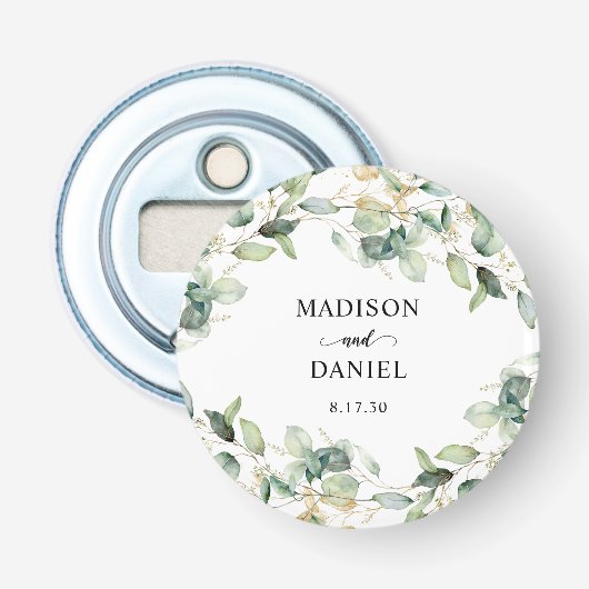 Eucalyptus Goud Waterverf Bruiloft Button Flesopener (Voorkant)