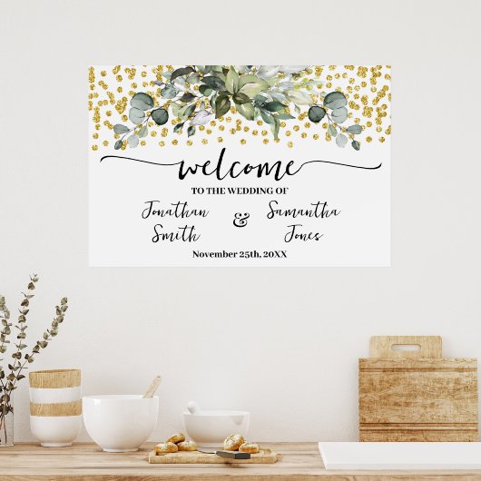 Eucalyptus Goud Welkom Huwelijksceremonie Ontvangs Poster (Keuken)