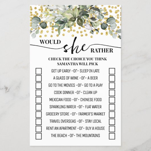 Eucalyptus goud wil ze liever douchen spel flyer (Voorkant)