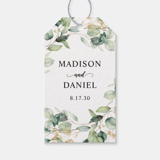 Eucalyptus Gouden Bladeren Bruiloft Cadeaulabel (Voorkant)