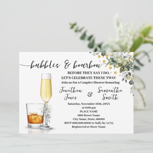 Eucalyptus Gouden Bubbels & Bourbon Koppels Douche Kaart (Staand voorkant)