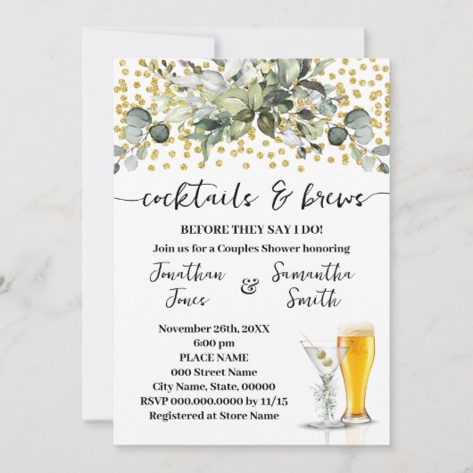 Eucalyptus Gouden Cocktails en Brews Koppels Douch Kaart (Voorkant)