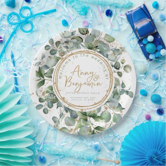 Eucalyptus gouden glitter bruiloft papieren bordje (Feest)
