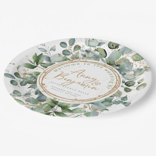 Eucalyptus gouden glitter bruiloft papieren bordje (Gekanteld)