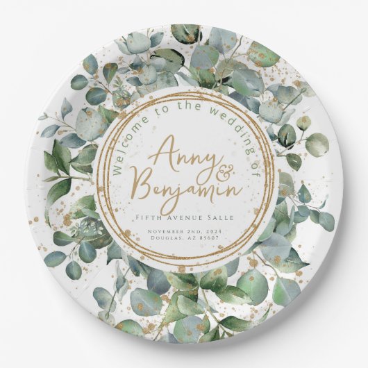 Eucalyptus gouden glitter bruiloft papieren bordje (Voorkant)