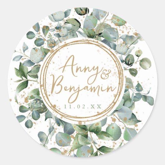 Eucalyptus gouden glitter bruiloft ronde sticker (Voorkant)