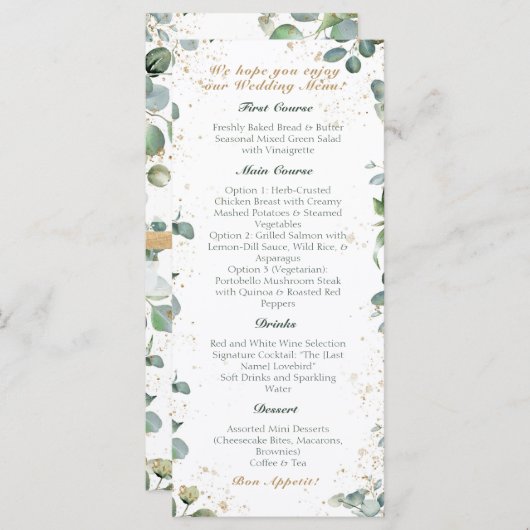 Eucalyptus Gouden Glitter - Groene bruiloft Menu (Voorkant / Achterkant)