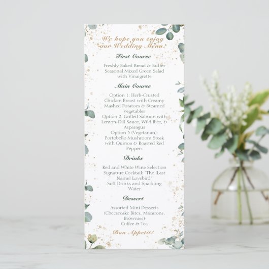 Eucalyptus Gouden Glitter - Groene bruiloft Menu (Staand voorkant)