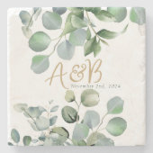 Eucalyptus Gouden Glitter - Groene bruiloft Stenen Onderzetter (Voorkant)