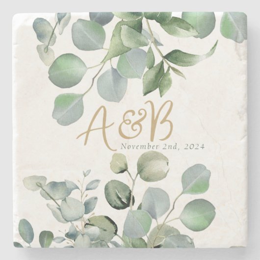 Eucalyptus Gouden Glitter - Groene bruiloft Stenen Onderzetter (Voorkant)