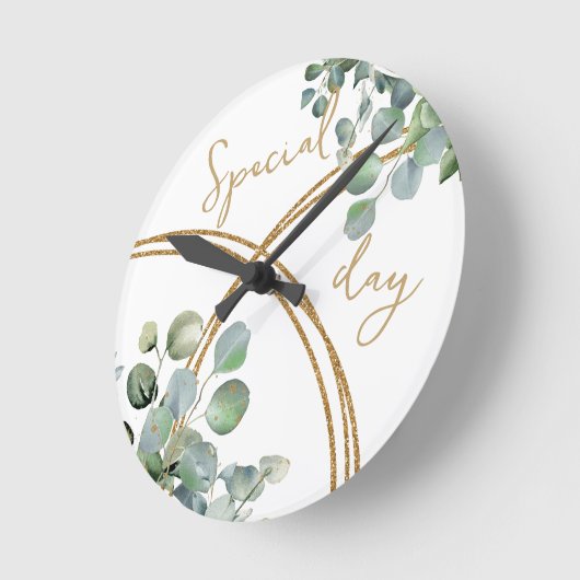 Eucalyptus gouden glitter ronde klok (Hoek)