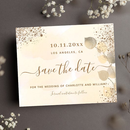 Eucalyptus gouden glitters bruiloft save the date aankondigingskaart