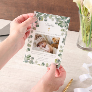Eucalyptus Gouden Kruis Baby Doop Foto Vellum Uitnodigingen