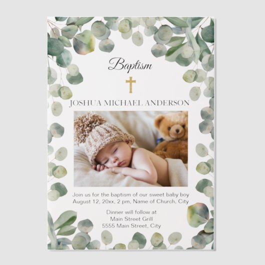 Eucalyptus Gouden Kruis Baby Doopsel Foto Vellum Uitnodigingen (Voorkant)