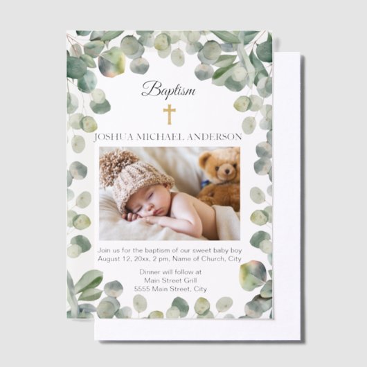 Eucalyptus Gouden Kruis Baby Doopsel Foto Vellum Uitnodigingen (Offset)