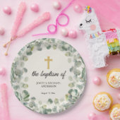 Eucalyptus Gouden Kruis Religieuze Doop Papieren Bordje (Feest)