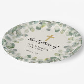 Eucalyptus Gouden Kruis Religieuze Doop Papieren Bordje (Gekanteld)