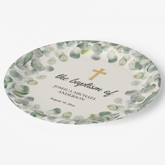 Eucalyptus Gouden Kruis Religieuze Doop Papieren Bordje (Gekanteld)