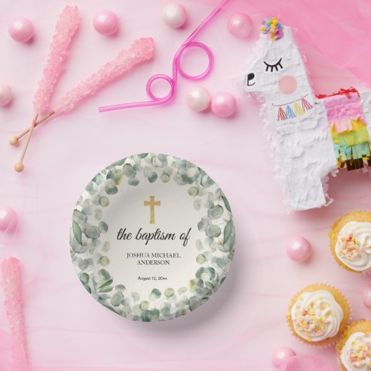 Eucalyptus Gouden Kruis Religieuze Doop Papieren Kommen (Feest)