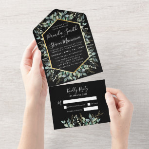 Eucalyptus Gouden Lijst Zwart Huwelijk met RSVP All In One Uitnodiging