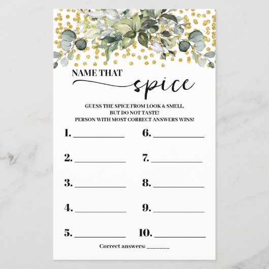 Eucalyptus gouden naam die Spice Shower Game Kaart (Voorkant)