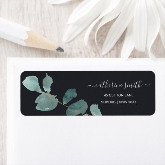 EUCALYPTUS GREEN BLACK FOLIAGE WATERVERF ADRES ETIKET (Insitu)
