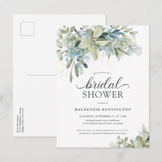 Eucalyptus Green Blue Bridal Shower Uitnodiging Briefkaart (Voorkant / Achterkant)