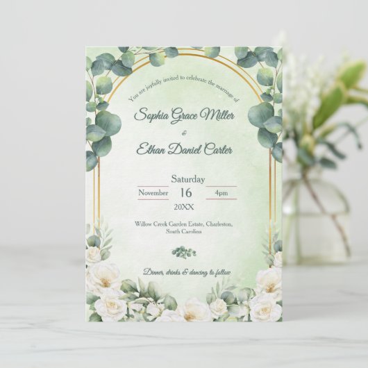 Eucalyptus Green Botanical Wedding Invitation Kaart (Staand voorkant)