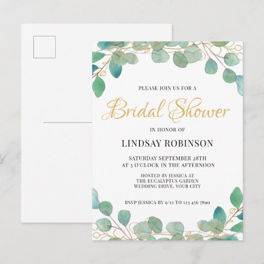 Eucalyptus Green Bridal Shower Invitation Briefkaa Uitnodiging Briefkaart (Voorkant / Achterkant)