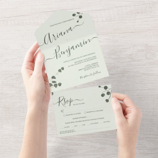 Eucalyptus green Elegant Name Script Modern All In One Uitnodiging (Afscheurbaar)