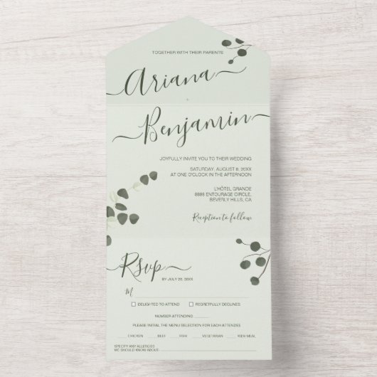 Eucalyptus green Elegant Name Script Modern All In One Uitnodiging (Binnen)