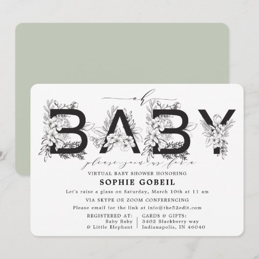 Eucalyptus Green Floral VIRTUTAL Baby shower Kaart (Voorkant / Achterkant)