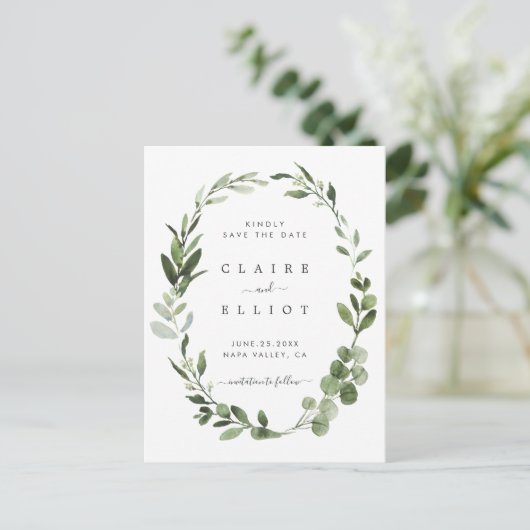 Eucalyptus Green Foliage met sparen de Datum Aankondigingskaart (Staand voorkant)