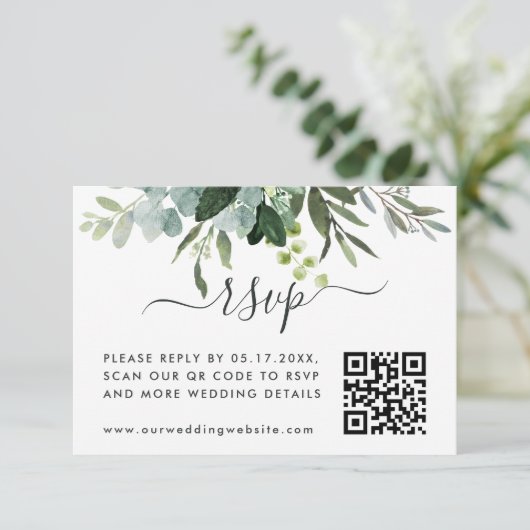Eucalyptus Green Foliage RSVP met QR-code Informatiekaartje (Staand voorkant)