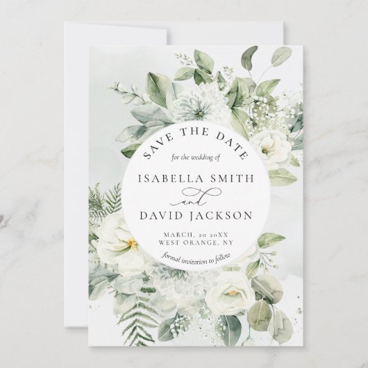 Eucalyptus Green Foliage Sage Green White Floral Save The Date (Voorkant)