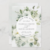 Eucalyptus Green Foliage Sage Green White Floral Save The Date (Voorkant / Achterkant)
